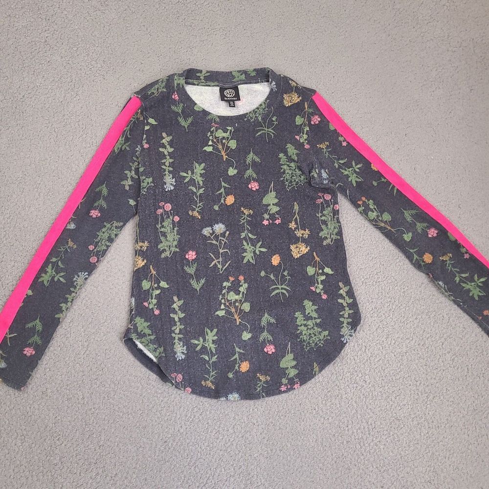 Bobeau Sweater Womens‎ XS Gray Floral Shirt Long Sleeve